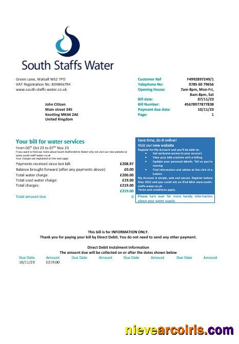 United Kingdom South Staffs Water water  utility bill, version 2